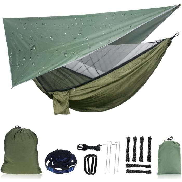 Hamac de Camping avec Moustiquaire 200kg Capacité de charge,(260 x 140cm) Parachute Double Hamac en Tissu Portable pour Voyage Campi