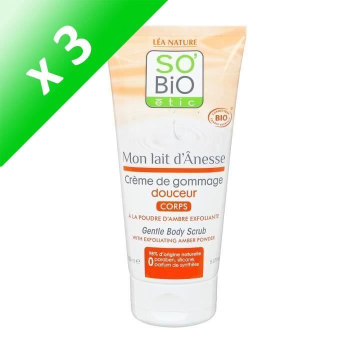Lot De 3 - SOBIO Crème gommage au lait d'ânesse - Bio - 150 ml - Douceur du corps