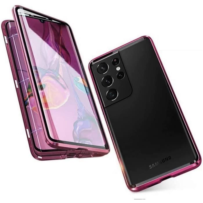 Coque Samsung Galaxy S22 Ultra 5G, Coque d'adsorption magnétique [Verre Trempé Double Face] [Cadre Protectrice MétallRose