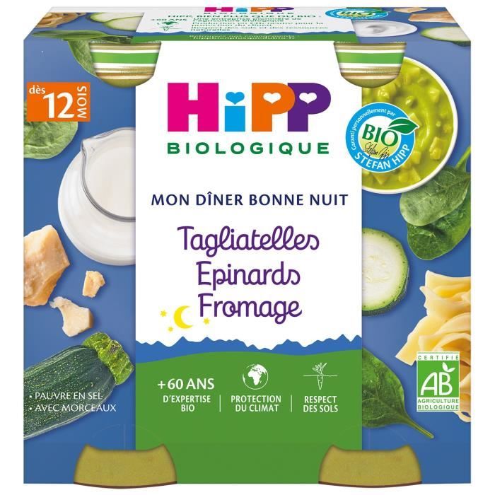 Hipp Bio Mon Dîner Bonne Nuit Bol Tagliatelles Epinards Fromage +12m Lot de 2 x 250g