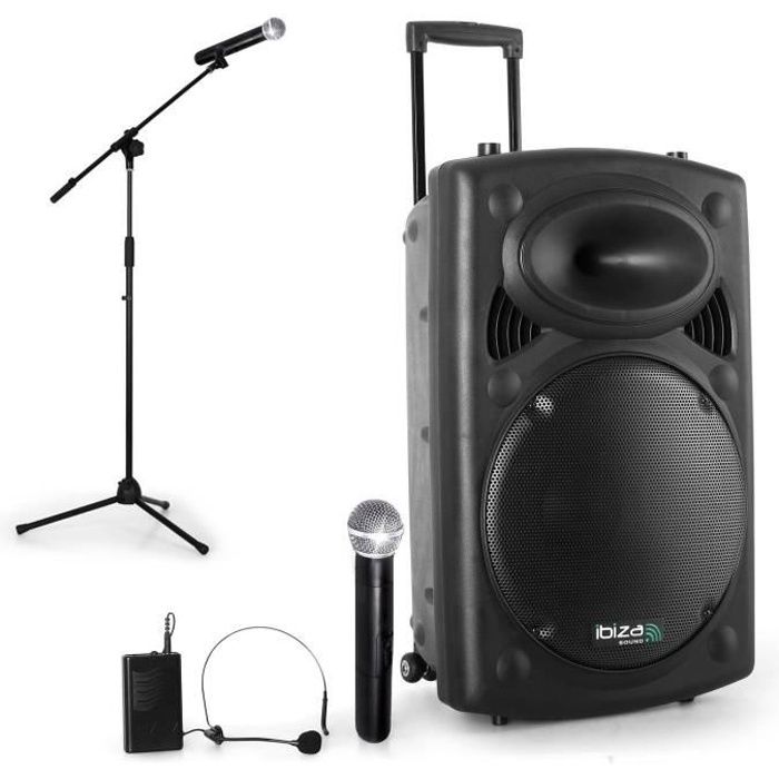 Enceinte sur batterie mobile 800W USB Bluetooth + 2 micros PORT15VHF-BT avec Pied de Micro