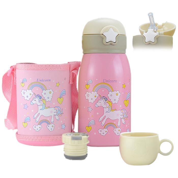 Gourde Isotherme Enfant avec paille et Couvercle Tasse, 500ML Bouteille Isotherme En Acier Inoxydable, Anti-fuite, licorne Rose