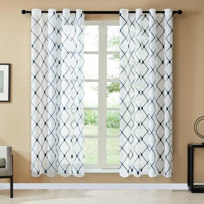 Topfinel Voilage 140x220 - Bleu Marine à Oeillets en Lin Brodé des Losanges - pour Salon Moderne Chambre - 2pcs