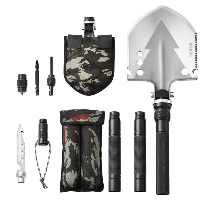 Pelle Pliante Portable Tactique Multifonction Avec Fourreau - Acier Carbone - Neuve