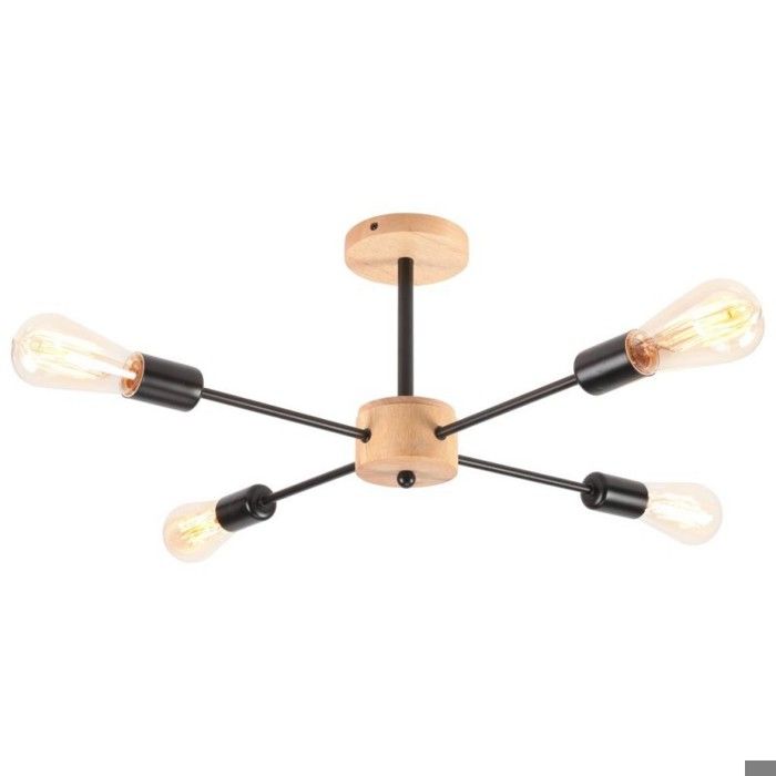 WOTTES Plafonnier Industriel 4 têtes - Vintage Luminaire en Métal et Bois - Rétro Lustre Plafonnier pour Salon Cuisine Bar