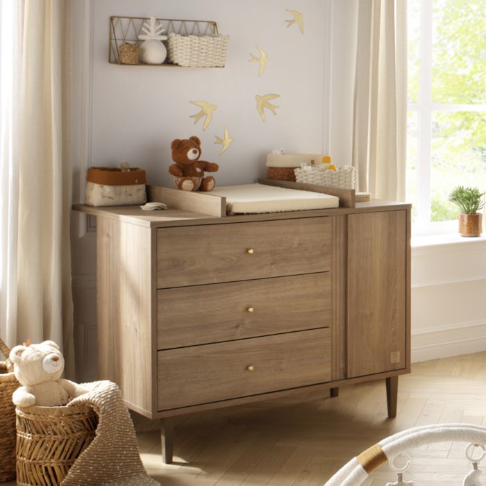 Commode Enfant 3 Tiroirs Effet Bois Rose Azur - 80x30x79 Cm, Pieds En Pin, Rangement Chambre, Style Scandinave