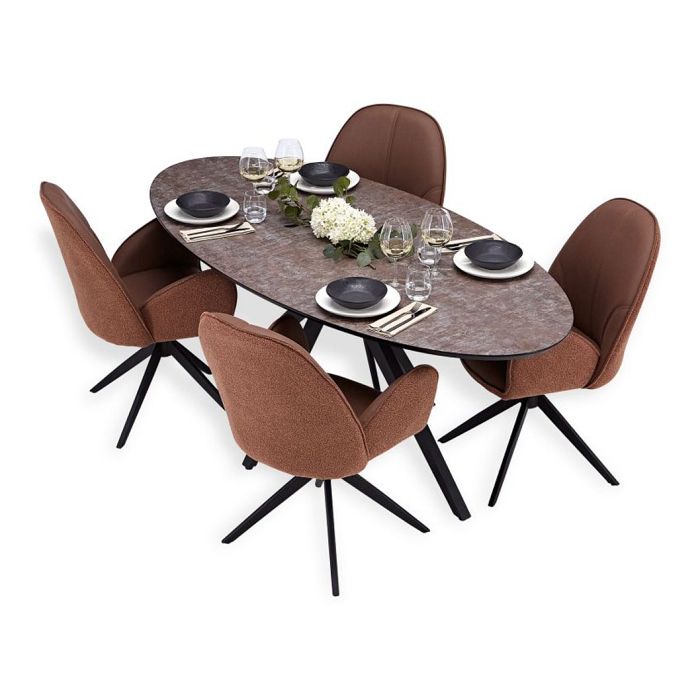 Table repas ovale marron/noir 4 chaises bouclé