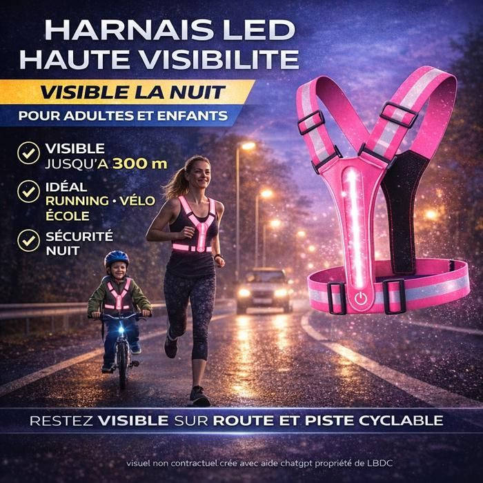 Gilet Harnais Réfléchissant LED Rose LBDC® - Haute Visibilité Rechargeable USB - Ajustable - Running Vélo Trottinette