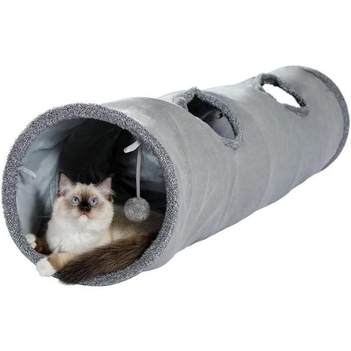 Tunnel pour chat en daim pliable 30 x 130 cm 2 ouvertures et balle suspendue — AIMOONSA