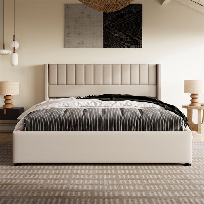 Lit coffre - YEHTOKHOME - 140 x 200 cm - Tête de lit à ailes - Tissu lin beige