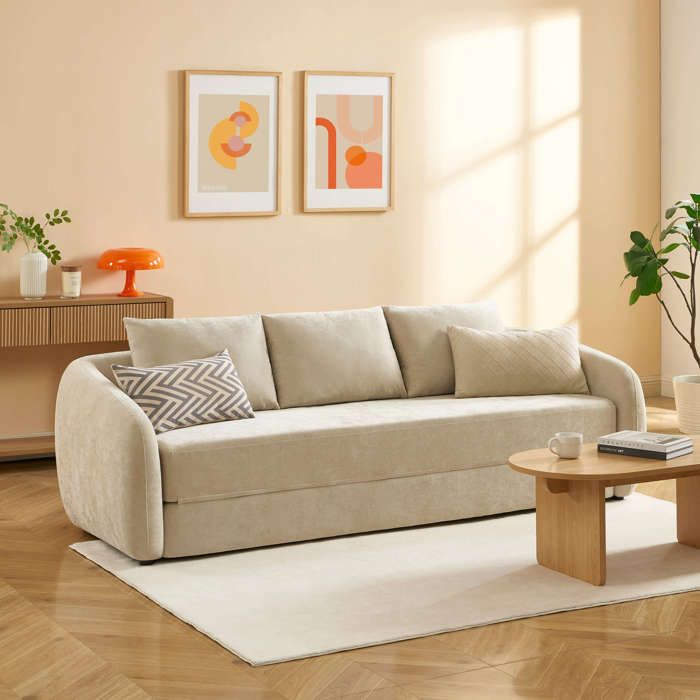 Canapé droit PAZ déplimousse 3 places tissu chenille beige
