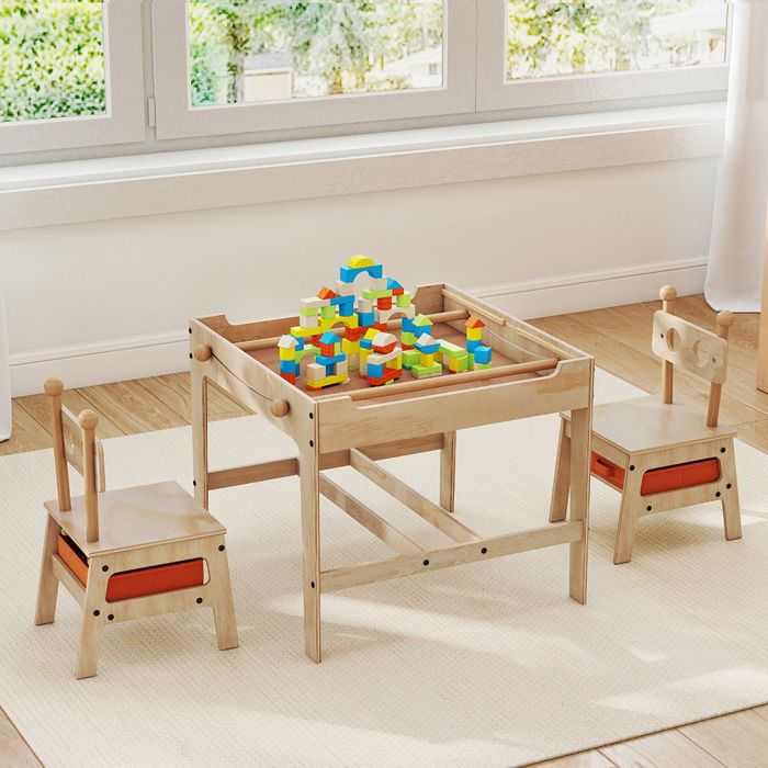 GOPLUS Ensemble Table et Chaises Enfant Plateau Réversible Double Face Tableau Blanc/Ardoise Bacs en Tissu Pliables Robot