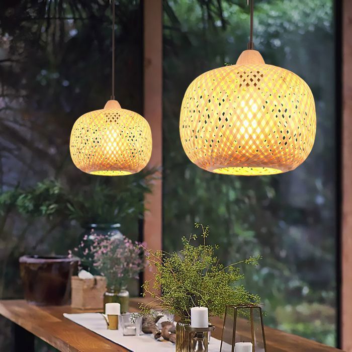 2x AXHUP Lustre Suspension Style Bohème Abat-jour en Bambou Lampe Suspendue Rustique Vintage E27 pour Salle à Manger Salon