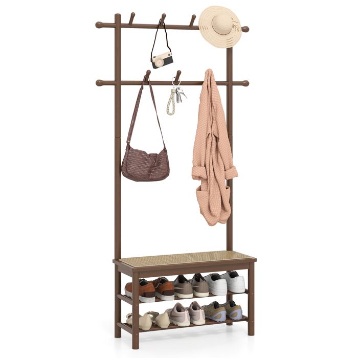 Porte-Manteau COSTWAY en Bambou en Rotin PE de Style Campagne avec Banc dEntrée - 2 Barres de Suspension 11 Crochets Marron