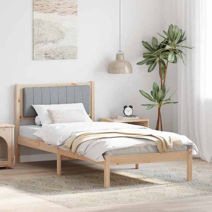 Cadre de lit avec tête de lit rembourrée - vidaXL - 90x200 cm - Gris clair - Pin massif - Tête de lit en polyester