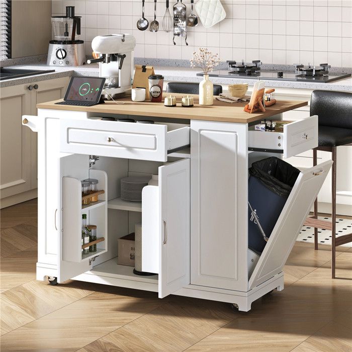 Ilot Central Cuisine Extensible avec Rangement et Plan de Travail Prise et USB Compartiment Poubelle Roulette Réglables Blanc