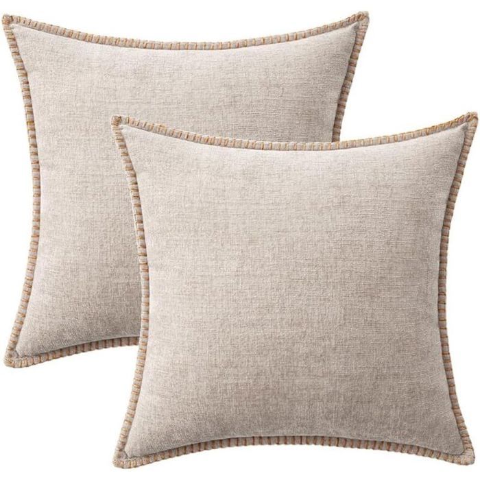 Lot de 2 housses de coussin décoratives pour canapé lit ou salon 45 x 45 cm beige naturel avec bords cousus. Douces en chenil