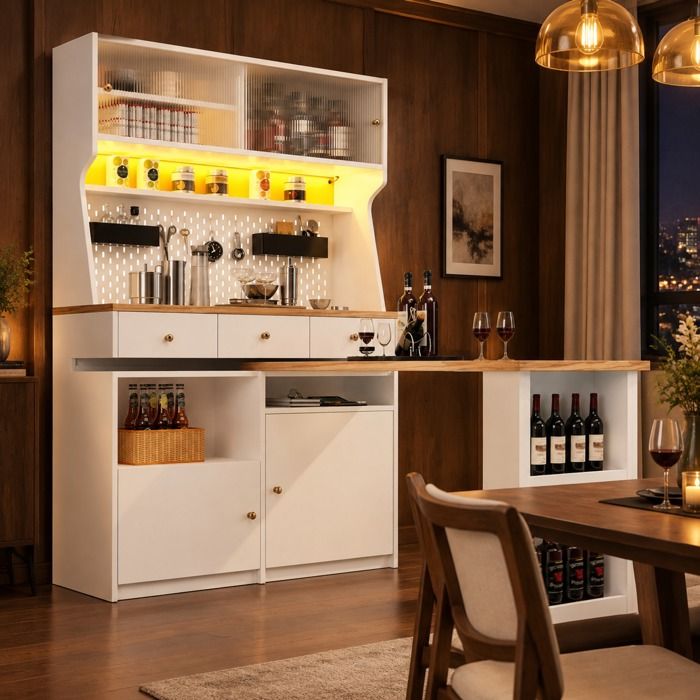 Buffet de cuisine haut EVRYAE 137 x 44 8 x 177 2 cm avec plateau coulissant 3 tiroirs LED blanc décor bois