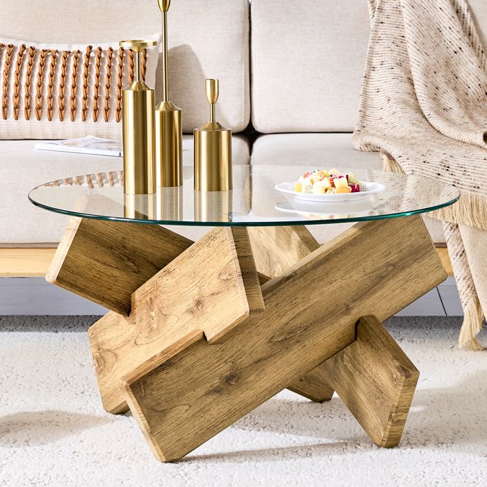 MEUBLIV Table basse ronde avec plateau en verre trempé 79×45 cm MDF effet bois transparent et bois