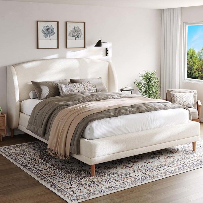 Lit double 140×190 cm - Structure avec tête de lit à oreilles - Tissu bouclé blanc ivoire - Sommier à lattes - Pieds hévéa