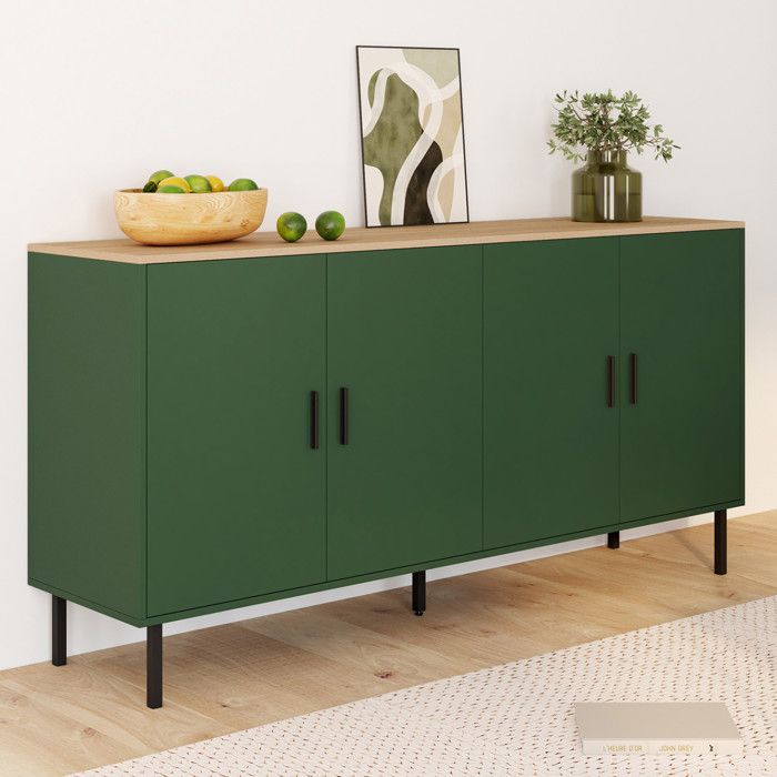 ID MARKET buffet 4 portes 160 cm Moderne bois et vert kaki