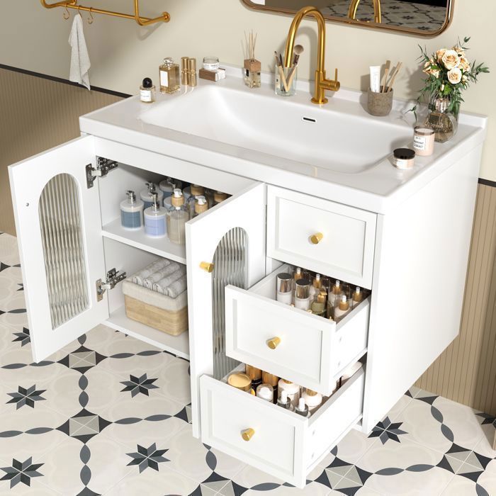 Meuble sous-vasque suspendu - Memkey - 80 x 50 x 58 cm - MDF blanc vasque céramique 2 tiroirs