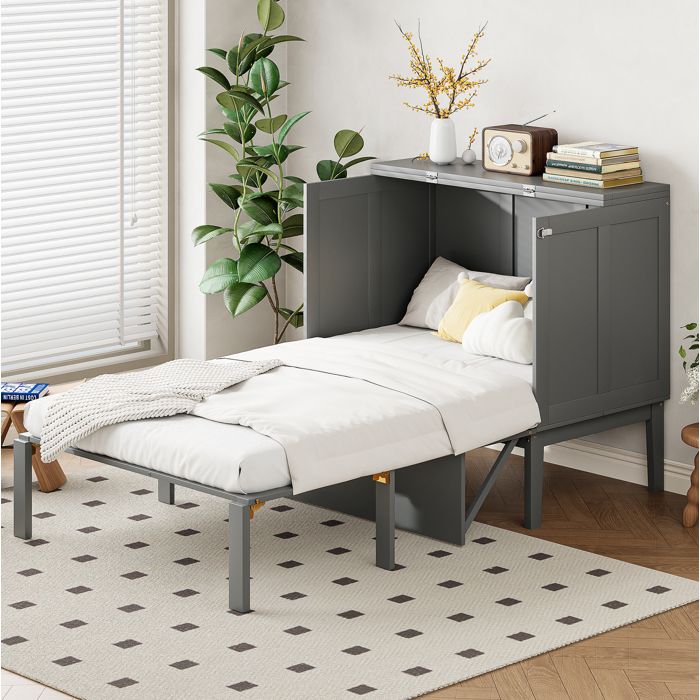 Lit escamotable vertical 90×200 cm avec sommier design gain de place gris