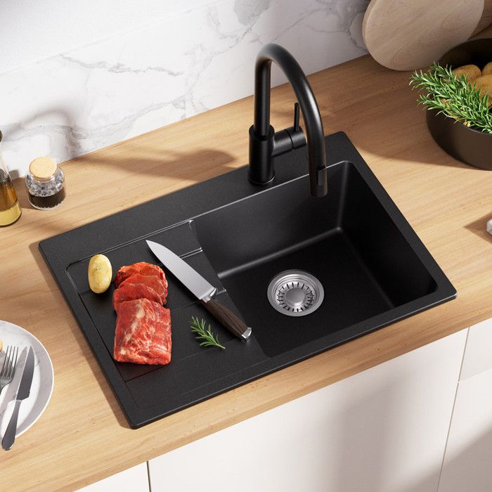 Évier de cuisine granit - CECIPA MAX - 65x45 cm - 1 bac - Égouttoir à gauche - Noir