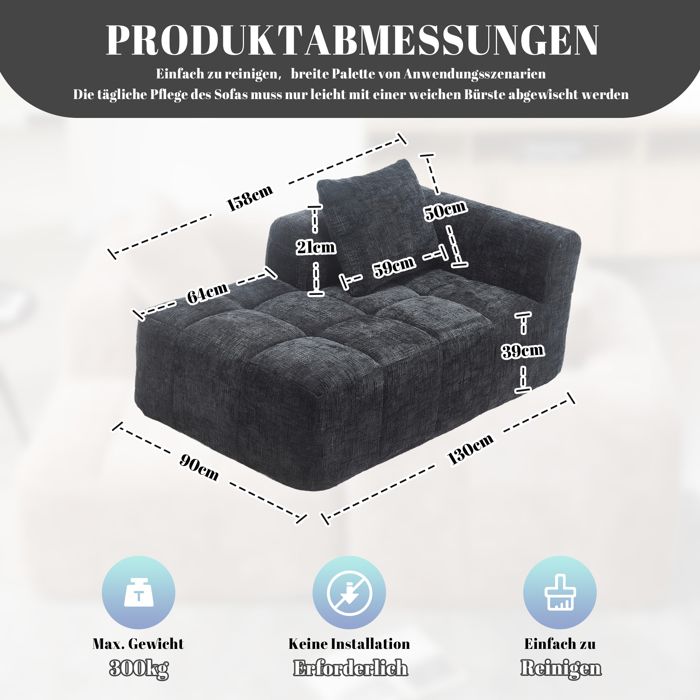 Canapé méridienne confortable - Noir - Chenille - 158x90x60 cm - Poches latérales - Coussin inclus - Rebond rapide