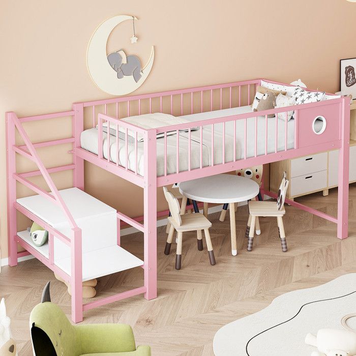 Lit Mezzanine 90x200 cm avec éChelle de Rangement Structure de Lit avec Sommier à Lattes Lit Simple Pour Enfant Rose
