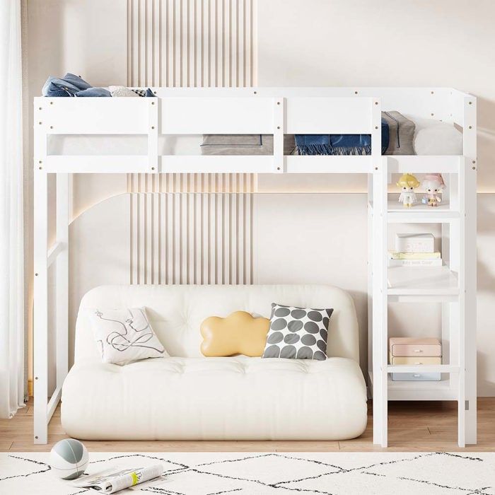 Lit mezzanine - Avec rangement - Pin massif - 90 x 200 cm - Sommier à lattes