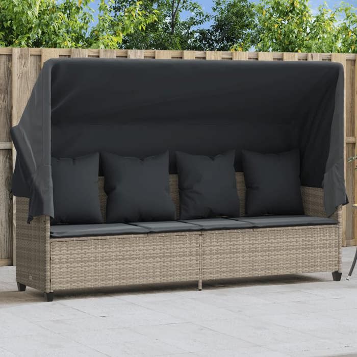 (Gris)Fauteuil long de soleil - Chaise longue avec auvent et coussins gris clair résine tressée - 204x75x140 cm dts306688