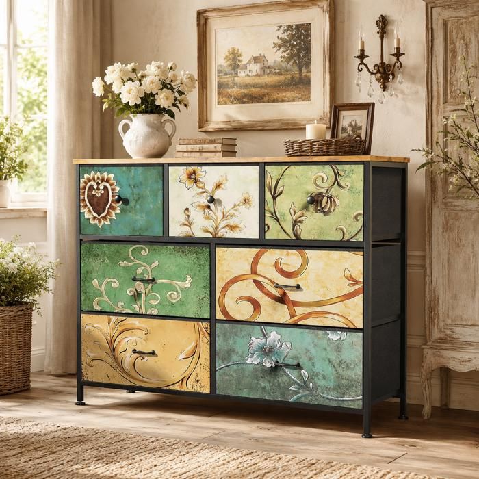 Meuble de Rangement 7 Tiroirs - Commode Haute en Tissu - Chiffonnier Organisateur pour Vêtements et Accessoires - 100x30x78cm
