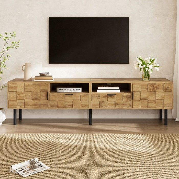 Meuble TV bas aspect bois 2 portes 2 tiroirs 2 niches ouvertes pieds métal 160x35x42.5cm naturel salon multimédia