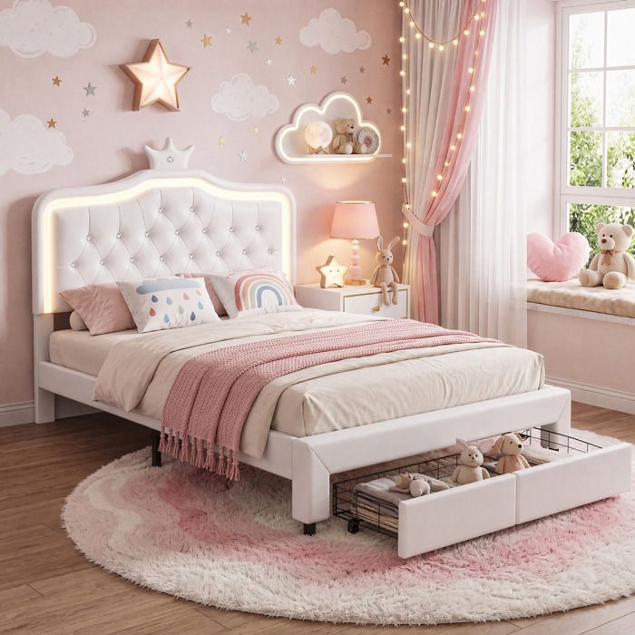 Lit double 140 x 200 cm avec 2 Tiroirs et LEDSORVAGLOSLit filleLit princesse sommier à lattescadre de lit 140 x 200PU blanc