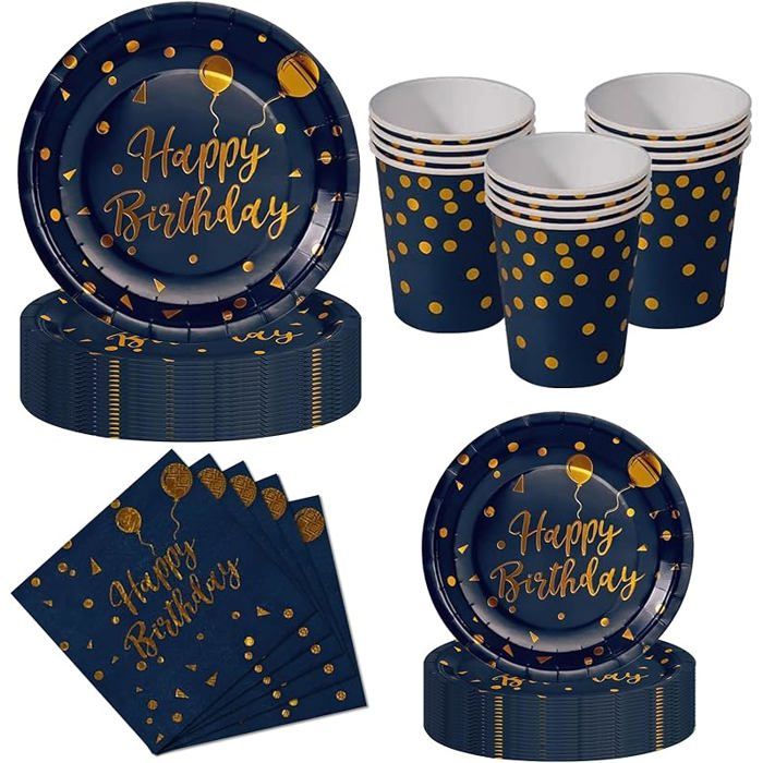 Kit Vaisselle Anniversaire 50 Pièces Bleu Marine et Or - 10 Assiettes Plates 10 Assiettes Bleu Marine et Or