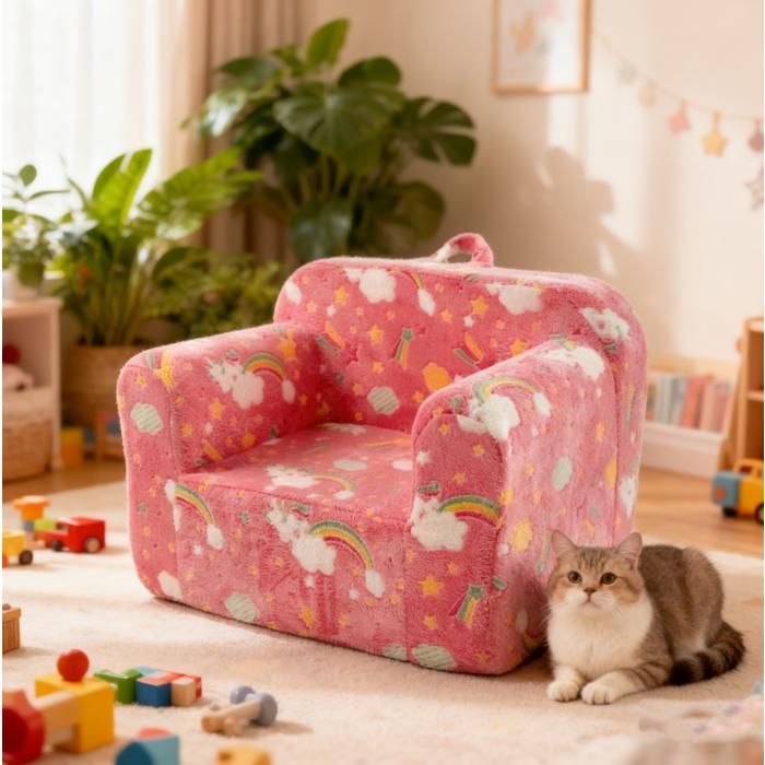 Canapé enfant fauteuil enfant rose arc-en-ciel déhoussable avec poignée de transport accoudoirs tissu mousse - UVRION