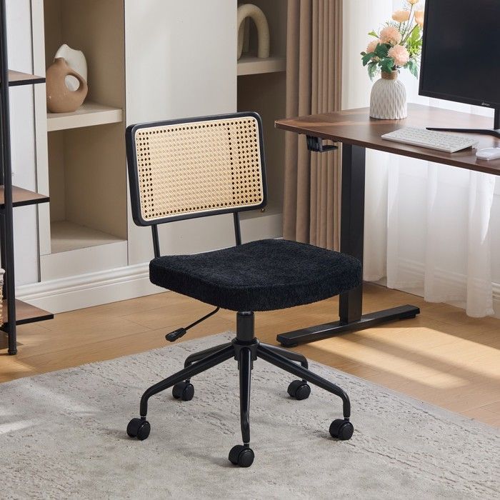 CollaHausse Chaise Bureau Vintage Rotin Roulettes Chenille Bois Noir