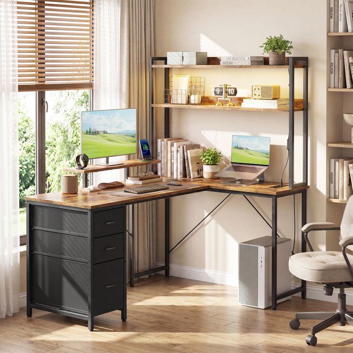 Bureau Gaming dAngle Réversible avec LED et Ports USB Table Étagères Support dÉcran 3 Tiroirs 140 x 100 cm Marron Rustique Bureau Gaming dAngle Réversible avec LED et Ports USB Table Étagères Support dÉcran 3 Tiroirs 140 x 100 cm Marron Rustique