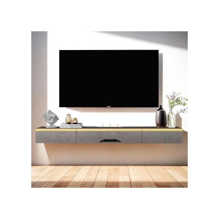 Meuble TV mural suspendu - PMNIANHUA - 120 x 26 x 17 cm - 3 portes - Contreplaqué hydrofuge - Passages câbles