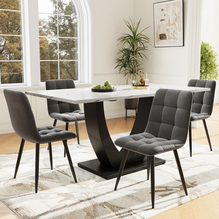 HOMVRA Ensemble table à manger 5 pièces avec 1 table et 4 chaises en velours gris plateau effet marbre blanc