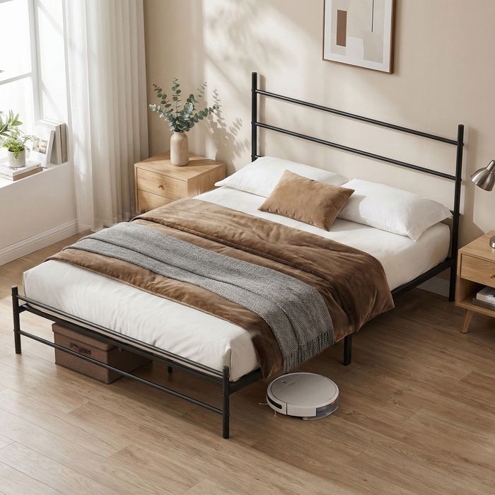Cadre de Lit 140x190x26cmavec Sommier Métal Lit 1 Personne en Métal Montage Facile pour Chambre d’Amis Chambre Ado Noir