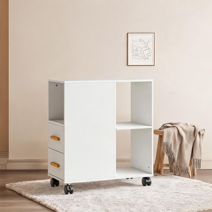 Meuble de bureau à roulettes 60 x 30 x 65 cm 2 tiroirs 3 niches panneaux de particules soft white