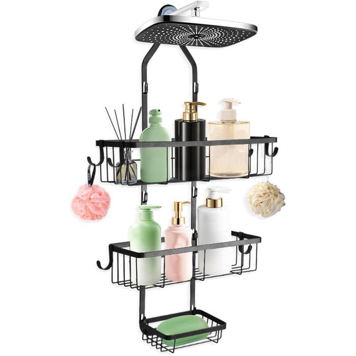Etagere Douche a Suspendre 3 Niveaux Sans Percage Rangement Salle de Bain Avec Porte-Savon et 6 Crochets pour Shampoing et Eponge