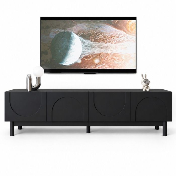 LEMLIT Meuble TV Bas 4 Portes et 4 Compartiments avec Portes à Vagues Incurvées et Pieds en Métal 169 x 34 x 45 5 cm Noir