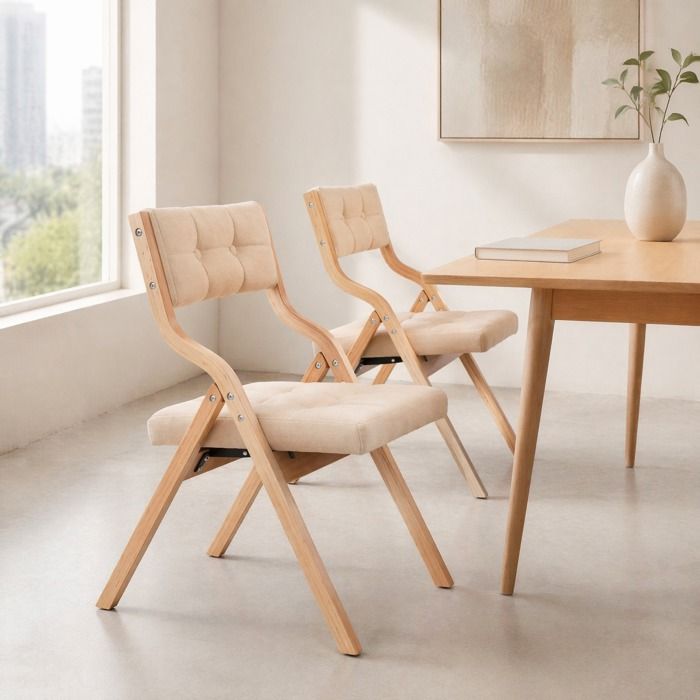 VUENOR Chaises pliantes en bois et velours beige lot de 2 livrées montées