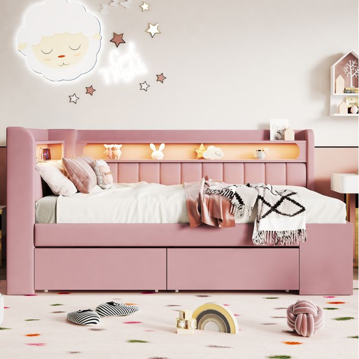 ROVRYN Lit plateforme 90x200 cm rose capitonné avec LED USB rangement 2 tiroirs et meuble à chaussures