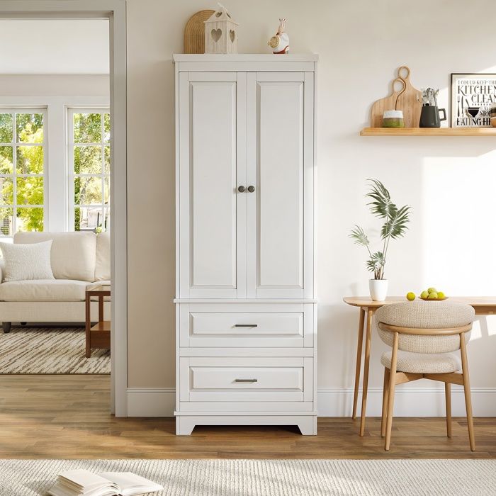 Armoire de Rangement - 157x60x40 cm - Meuble Colonne Blanc avec Double Porte et 2 Tiroirs - Buffet Haut Multifonctionnel - Blanc