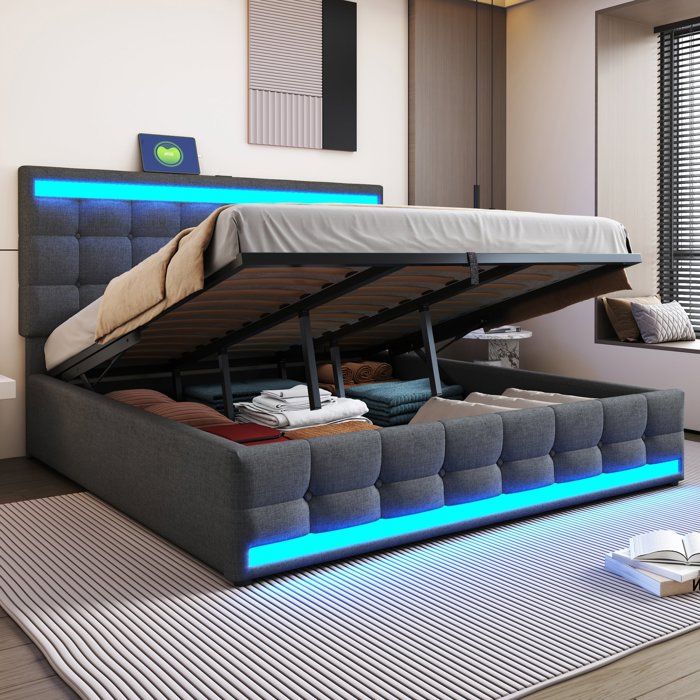Lit coffre 180x200 pour 2 personnes avec sommier à lattes LED et USB