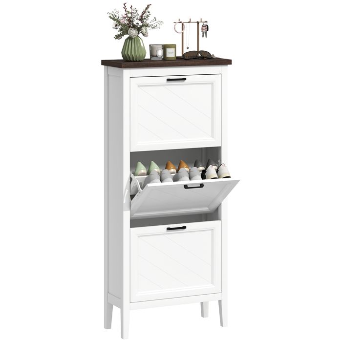 Meuble à chaussures 18 paires armoire à chaussures étroite avec 3 tiroirs rabattables et étagères réglables blanc